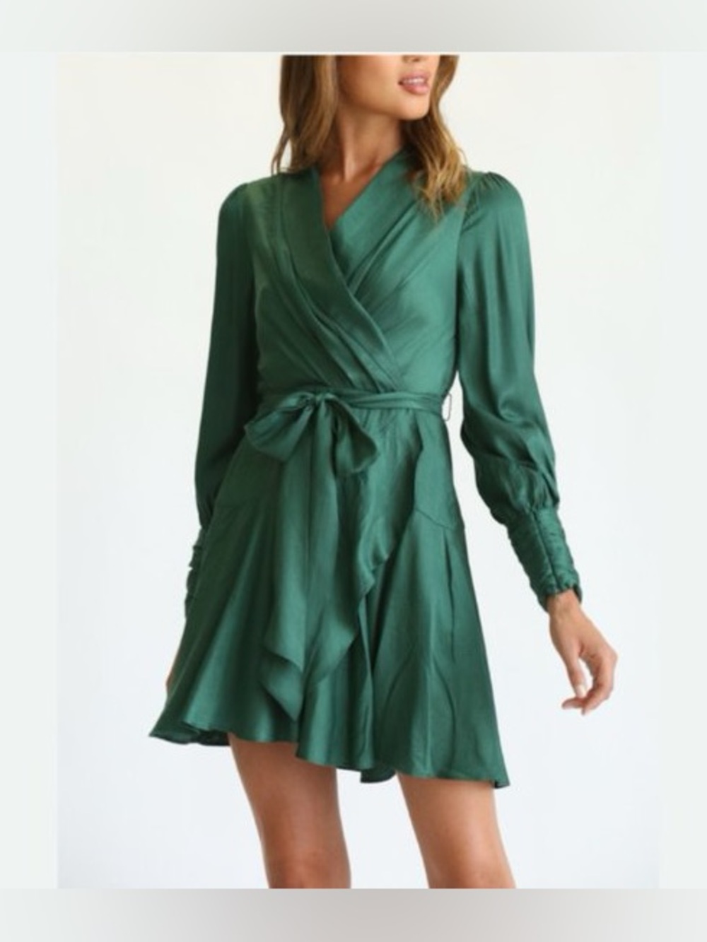 Fate Green Wrap-Style Long Sleeve Dress